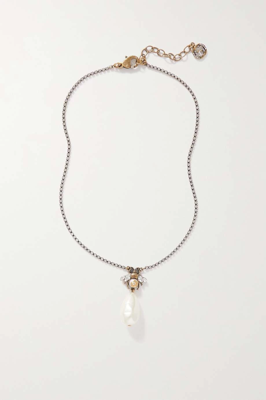 GUCCI Goldfarbene Kette Mit Kristallen Und Kunstperlen 4 GUCCI Goldfarbene Kette Mit Kristallen Und Kunstperlen – Bild 4