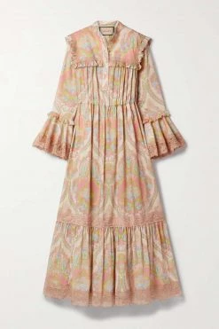 GUCCI Love Parade Maxikleid Aus Baumwoll-Voile Mit Rüschen, Spitzenbesätzen Und Blumenprint ,Beige