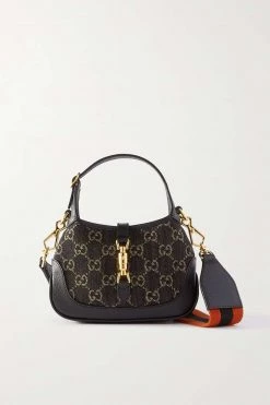 GUCCI Jackie 1961 Mini Schultertasche Aus Denim Mit Jacquard-Muster Und Lederbesätzen ,Schwarz