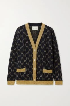 GUCCI Cardigan Aus Jacquard-Strick Aus Einer Baumwollmischung In Metallic-Optik ,Navy