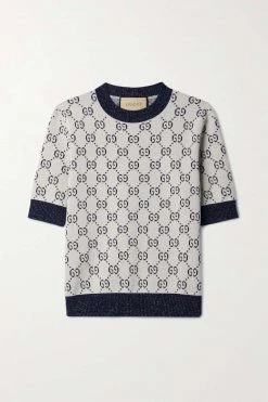 GUCCI Pullover Aus Jacquard-Strick Aus Einer Baumwollmischung In Metallic-Optik ,Navy