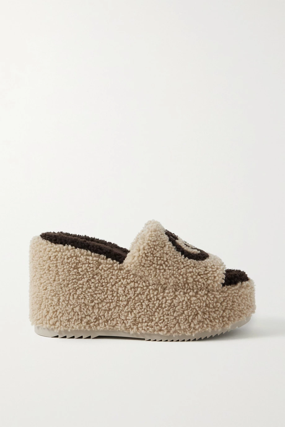 GUCCI Elea Pantoletten Aus Shearling Mit Intarsienlogo Und Plateau ,Beige 1 GUCCI Elea Pantoletten Aus Shearling Mit Intarsienlogo Und Plateau ,Beige