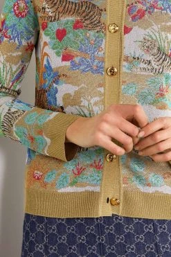 GUCCI Chinese New Year Cardigan Aus Jacquard-Strick In Metallic-Optik ,Grün -Offizielle GUCCI Website w920 q60 1302