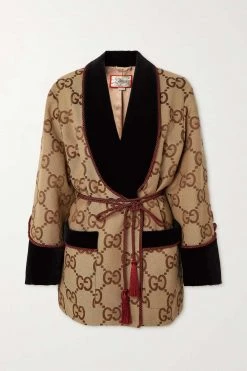 GUCCI Chinese New Year Jacke Aus Besticktem Canvas Mit Jacquard-Muster, Samtbesätzen Und Posamenten ,Braun