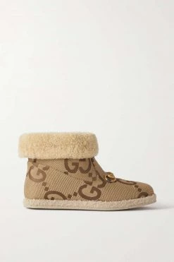GUCCI Fria Ankle Boots Aus Canvas Mit Shearling-Futter Und Horsebit-Detail ,Beige