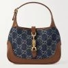 GUCCI Jackie 1961 Mini Schultertasche Aus Bio-Denim Mit Jacquard-Muster Und Lederbesätzen ,Blau