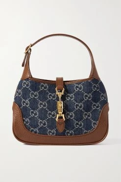 GUCCI Jackie 1961 Mini Schultertasche Aus Bio-Denim Mit Jacquard-Muster Und Lederbesätzen ,Blau