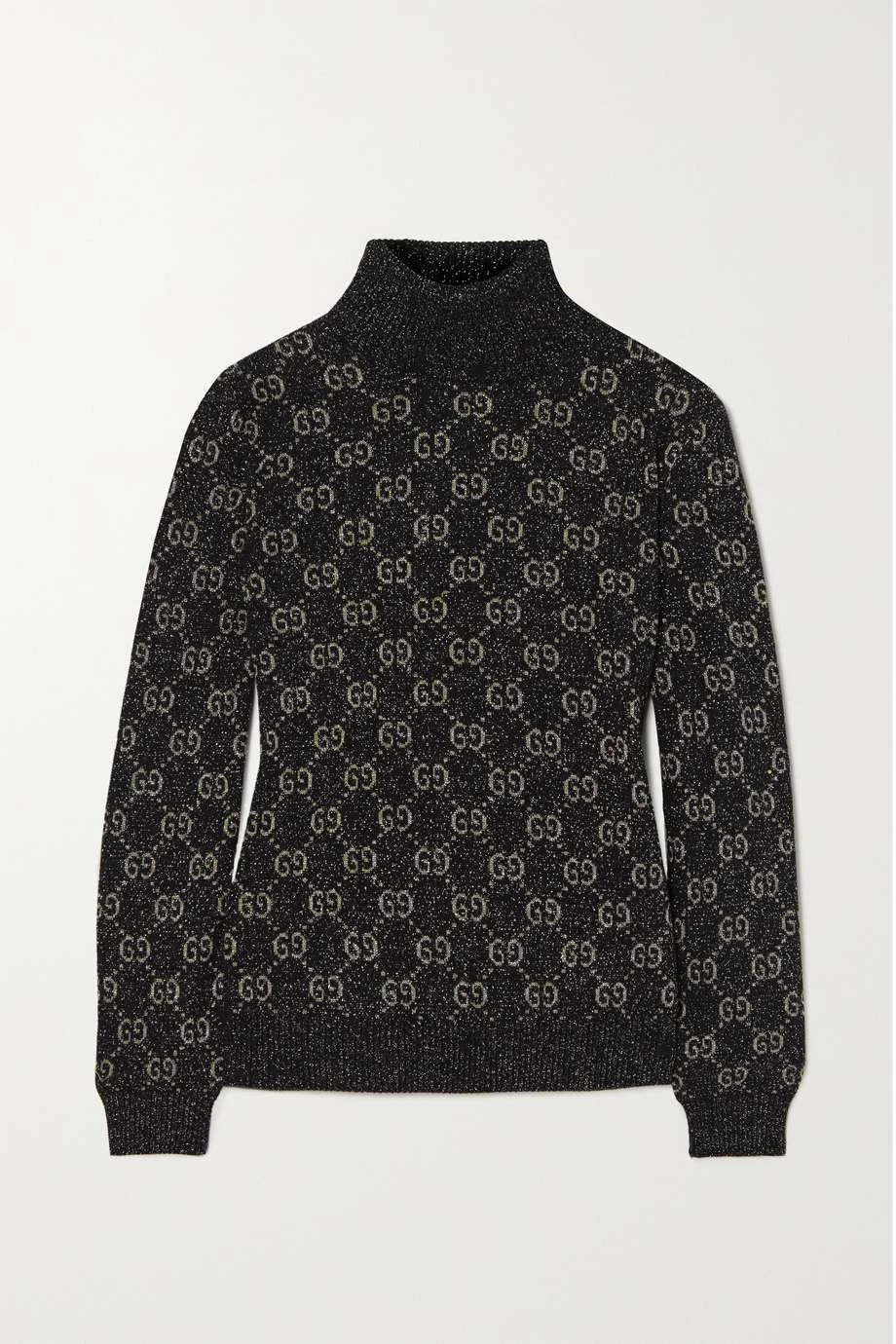 GUCCI GG Stehkragenpullover Aus Metallic-Strick Aus Einer Baumwollmischung Mit Intarsienmuster ,Schwarz 1 GUCCI GG Stehkragenpullover Aus Metallic-Strick Aus Einer Baumwollmischung Mit Intarsienmuster ,Schwarz