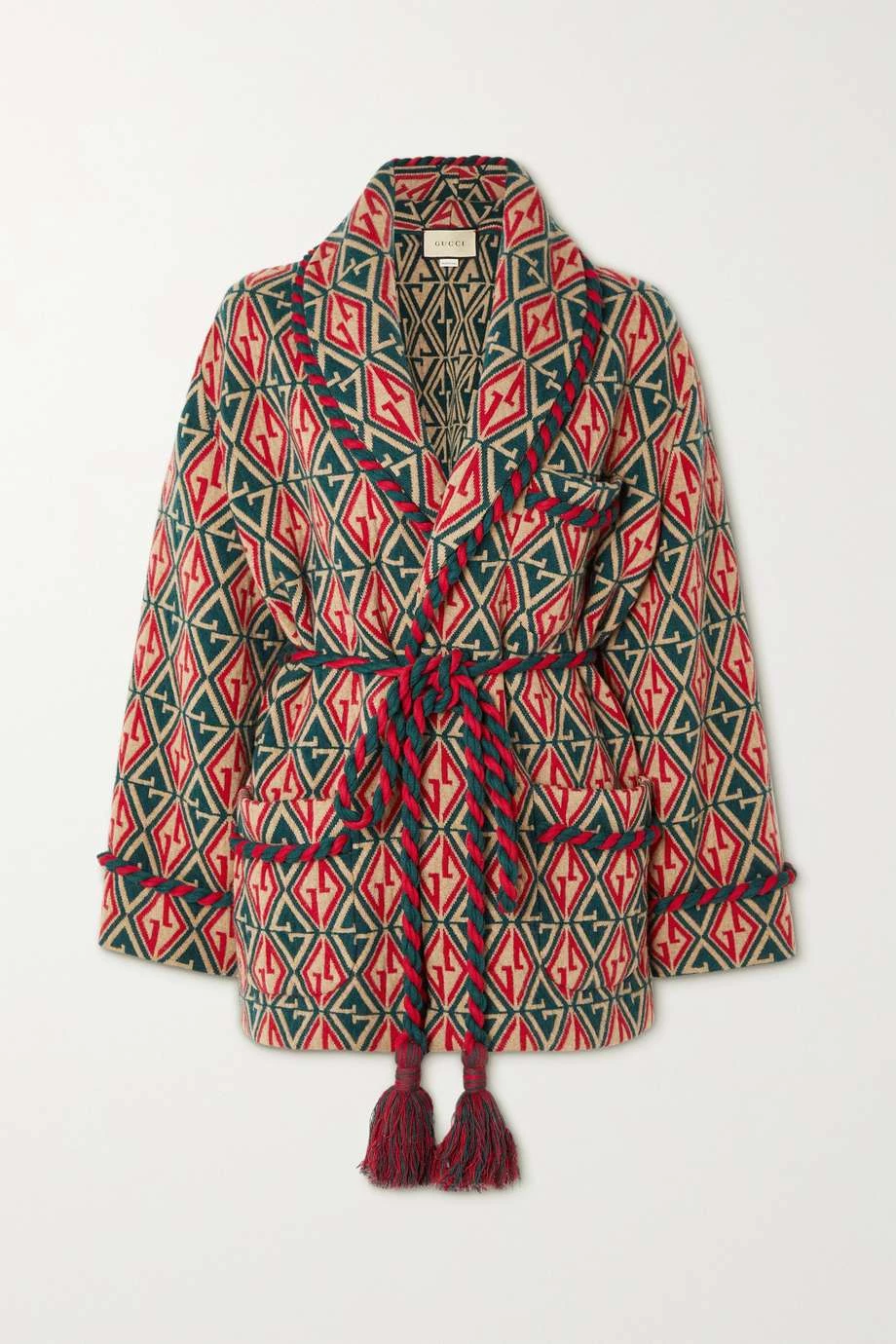 GUCCI Cardigan Aus Woll-Jacquard Mit Bindegürtel Und Troddeln ,Beige 1 GUCCI Cardigan Aus Woll-Jacquard Mit Bindegürtel Und Troddeln ,Beige