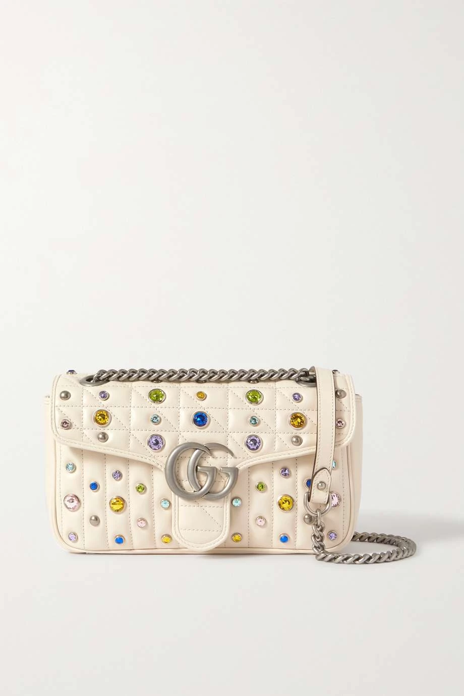 GUCCI GG Marmont 2.0 Kleine Schultertasche Aus Gestepptem Leder Mit Kristallen ,Weiß 1 GUCCI GG Marmont 2.0 Kleine Schultertasche Aus Gestepptem Leder Mit Kristallen ,Weiß