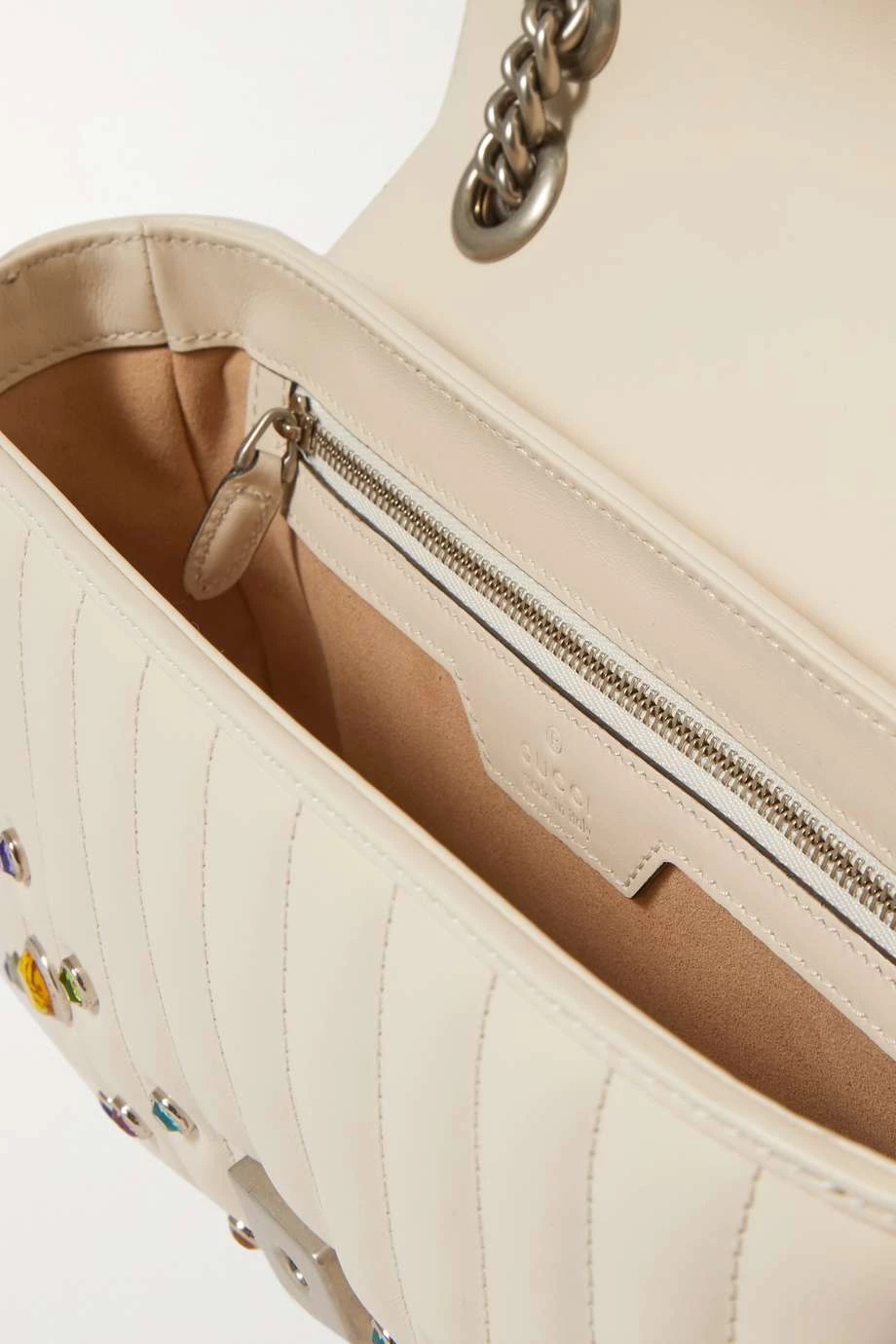 GUCCI GG Marmont 2.0 Kleine Schultertasche Aus Gestepptem Leder Mit Kristallen ,Weiß 5 GUCCI GG Marmont 2.0 Kleine Schultertasche Aus Gestepptem Leder Mit Kristallen ,Weiß – Bild 5