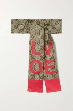 GUCCI Bedrucktes Tuch Aus Seiden-Twill Mit Fransen ,Beige