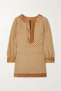 GUCCI Kaftan Aus Canvas Aus Einer Leinenmischung Mit Jacquard-Muster Und Lederbesätzen ,Beige