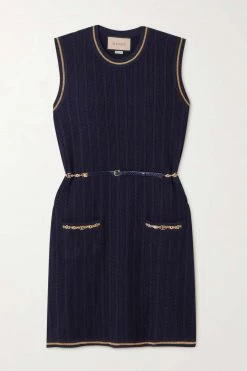 GUCCI Verziertes Minikleid Aus Einer Woll-Baumwollmischung In Zopfstrick Mit Gürtel ,Navy