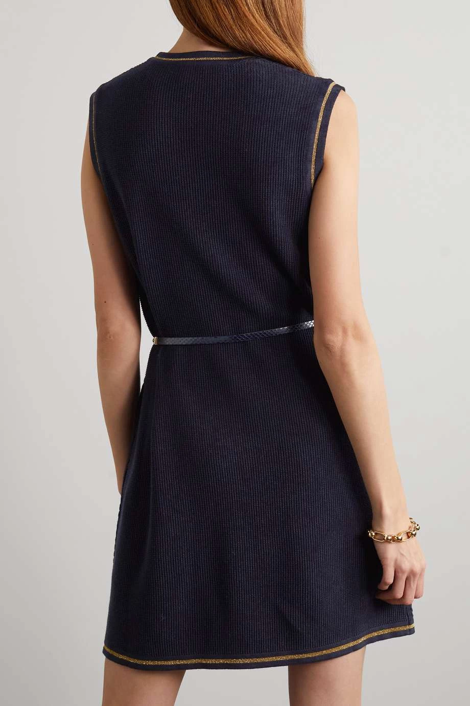 GUCCI Verziertes Minikleid Aus Einer Woll-Baumwollmischung In Zopfstrick Mit Gürtel ,Navy 4 GUCCI Verziertes Minikleid Aus Einer Woll-Baumwollmischung In Zopfstrick Mit Gürtel ,Navy – Bild 4