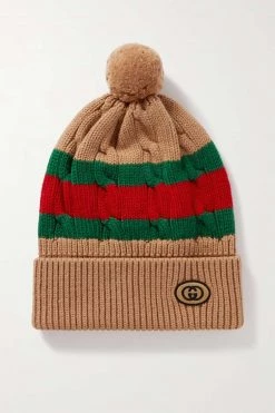 GUCCI Beanie Aus Wolle In Zopfstrick Mit Pompon ,Camel