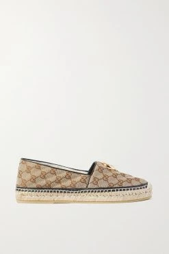 GUCCI Pilar Verzierte Espadrilles Aus Canvas Mit Logomuster Und Lederbesatz ,Beige