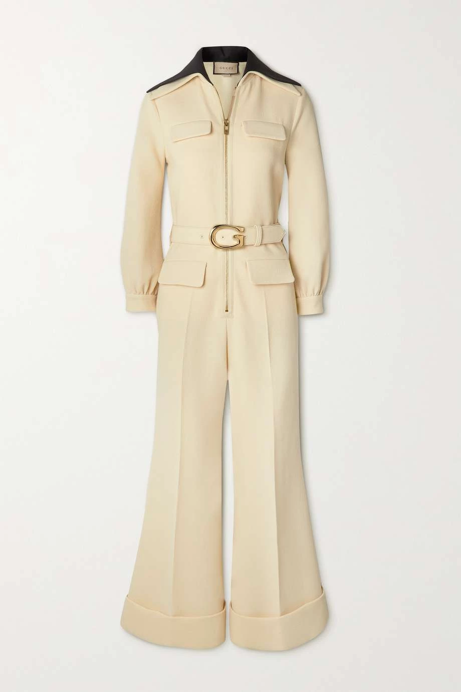 GUCCI Zweifarbiger Jumpsuit Aus Woll-Crêpe Mit Gürtel ,Creme 1 GUCCI Zweifarbiger Jumpsuit Aus Woll-Crêpe Mit Gürtel ,Creme