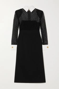 GUCCI Midikleid Aus Besticktem Tüll Und Zweifarbigem Crêpe ,Schwarz