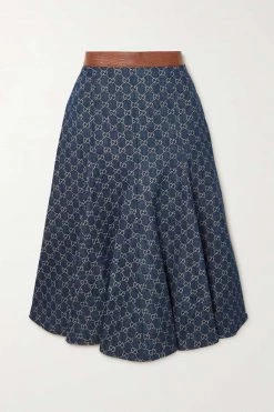 GUCCI Midirock Aus Bio-Denim Mit Jacquard-Muster Und Besatz Aus Leder Mit Eidechseneffekt ,Blau