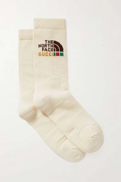 GUCCI + The North Face Gerippte Socken Aus Einer Baumwollmischung Mit Jacquard-Motiv ,Elfenbein