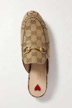 GUCCI Princetown Slippers Aus Canvas Mit Jacquard-Muster, Lederbesatz Und Horsebit-Detail ,Beige