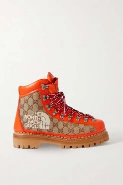 GUCCI + The North Face Schnürstiefel Aus Leder Und Canvas Mit Jacquard-Muster Und Logostickerei ,Beige
