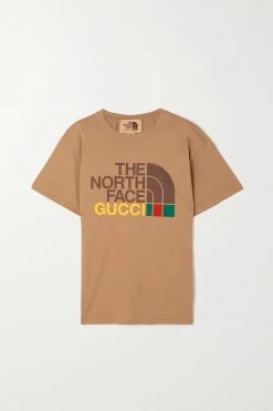 GUCCI + The North Face T-Shirt Aus Baumwoll-Jersey Mit Print ,Camel