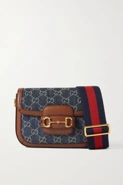 GUCCI Horsebit 1955 Schultertasche Aus Denim-Jacquard Und Strukturiertem Leder ,Blau
