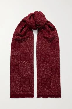 GUCCI Schal Aus Metallic-Jacquard Aus Einer Wollmischung Mit Fransen ,Burgunder