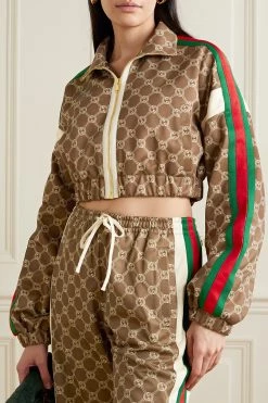 GUCCI Verkürzte Trainingsjacke Aus Bedrucktem Technischem Jersey Mit Webstreifen ,Braun -Offizielle GUCCI Website w920 q60 2370