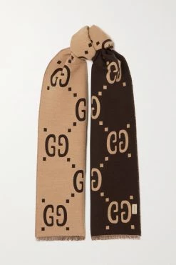 GUCCI Schal Aus Jacquard Aus Einer Woll-Seidenmischung Mit Fransen ,Beige