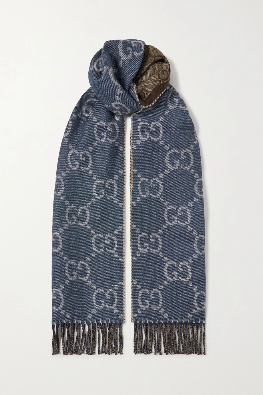 GUCCI Wendbarer Schal Aus Wolle Mit Logo-Jacquard Und Fransen ,Navy 1 GUCCI Wendbarer Schal Aus Wolle Mit Logo-Jacquard Und Fransen ,Navy