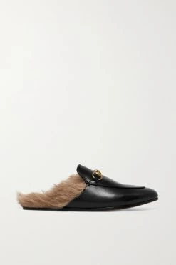GUCCI Princetown Slippers Aus Leder Mit Shearling-Futter Und Horsebit-Detail ,Schwarz