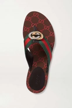 GUCCI Kika Zehensandalen Aus Leder Und Gestreiftem Canvas Mit Logoverzierung ,Braun