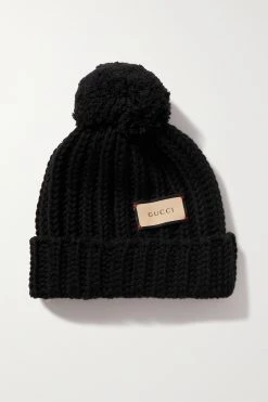 GUCCI Beanie Aus Gerippter Wolle Mit Pompon ,Schwarz