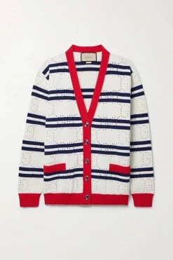 GUCCI Love Parade Gestreifter Cardigan Aus Baumwolle In Pointelle-Strick ,Creme