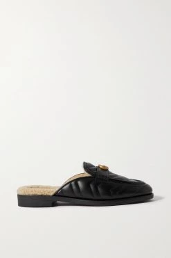 GUCCI Marmont Slippers Aus Gestepptem Leder Mit Shearling-Futter ,Schwarz