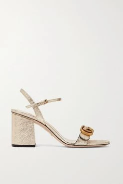 GUCCI Marmont Sandalen Aus Craquelé-Leder In Metallic-Optik Mit Logoverzierung ,Gold