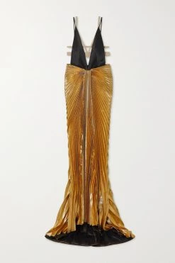 Offizielle GUCCI Website 14 GUCCI Aria Robe Aus Plissiertem Lamé Und Seidensatin ,Gold