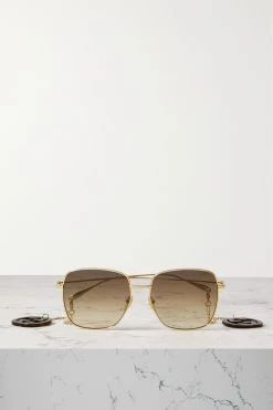 GUCCI EYEWEAR Goldfarbene Oversized-Sonnenbrille Mit Eckigem Rahmen Und Verzierungen