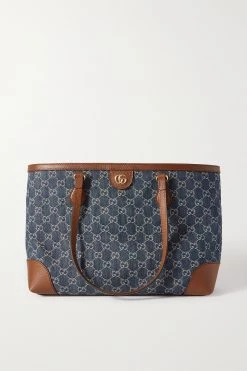 GUCCI Ophidia Mittelgroße Tote Aus Denim Mit Jacquard-Logomuster Und Besätzen Aus Strukturiertem Leder ,Navy