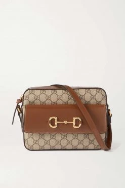 GUCCI Horsebit 1955 Kleine Bedruckte Schultertasche Aus Beschichtetem Canvas Mit Lederbesätzen ,Braun
