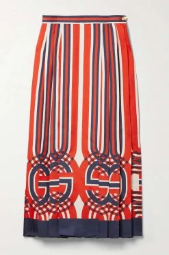 GUCCI Love Parade Bedruckter Midirock Aus Glänzendem Seiden-Twill Mit Falten ,Rot