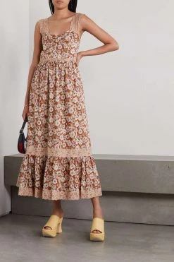 GUCCI Maxikleid Aus Seiden-Twill Mit Blumenprint Und Spitzenbesätzen ,Braun -Offizielle GUCCI Website w920 q60 326