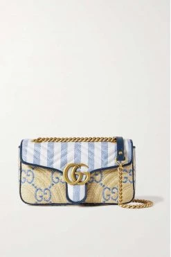 GUCCI GG Marmont 2.0 Schultertasche Aus Raffiabast Mit Lederbesätzen ,Blau