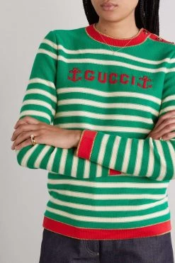 GUCCI Pullover Aus Baumwolle Mit Streifen Und Intarsienmotiv ,Grün -Offizielle GUCCI Website w920 q60 345