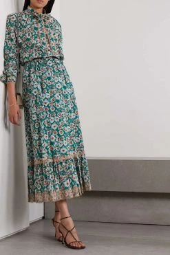 GUCCI Midirock Aus Baumwollpopeline Mit Blumenprint, Spitzenbesätzen Und Falten ,Blau -Offizielle GUCCI Website w920 q60 407