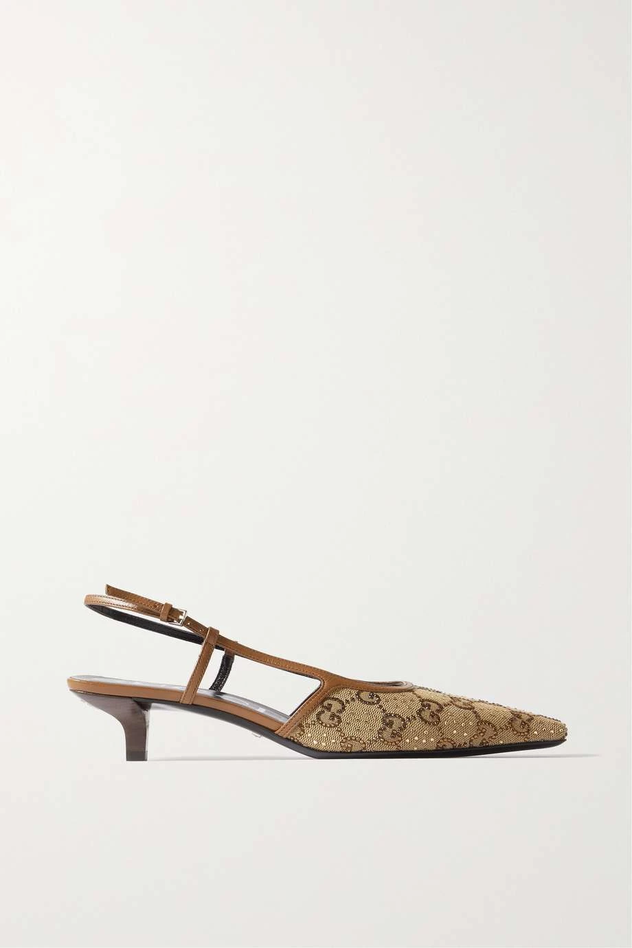 GUCCI Slingback-Pumps Aus Canvas Mit Lederbesätzen Und Kristallen ,Beige 1 GUCCI Slingback-Pumps Aus Canvas Mit Lederbesätzen Und Kristallen ,Beige