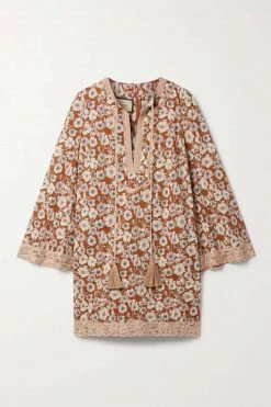 GUCCI Love Parade Minikleid Aus Voile Aus Einer Baumwollmischung Mit Blumenprint Und Spitzenbesätzen ,Braun